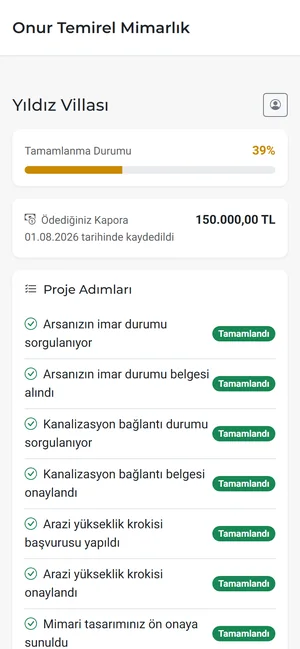 Müşteri portalı telefonda: tamamlanma yüzdesi, ödenen kapora ve proje adımları
